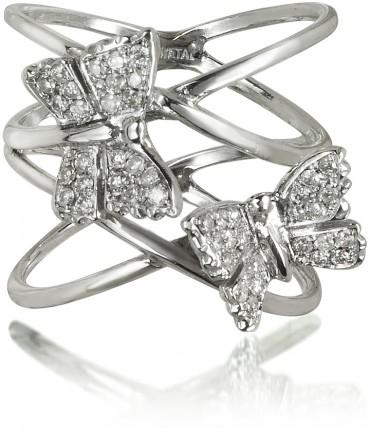 Bernard Delettrez Criss Cross 18K White Gold Ring w/Two Diamond Butterflies